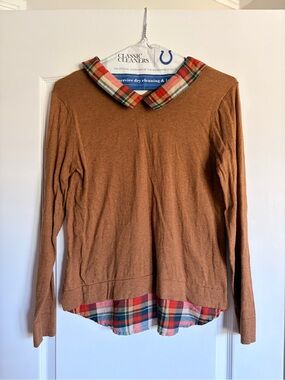 J. Crew Brown Layered Plaid-Collar Long Sleeve Top